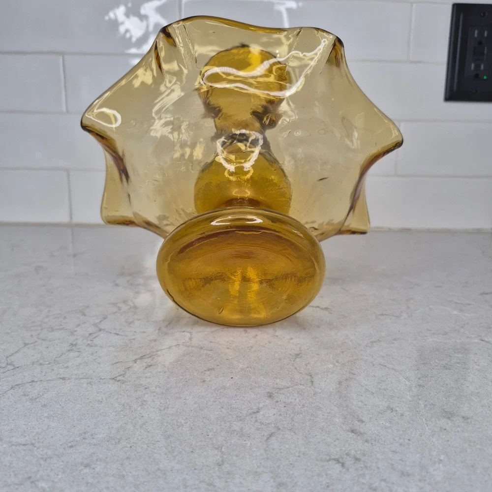 Vintage Epergne Vase‎ Amber Diamond Quilted Ruffled Glass 10 Inch 2 Piece
